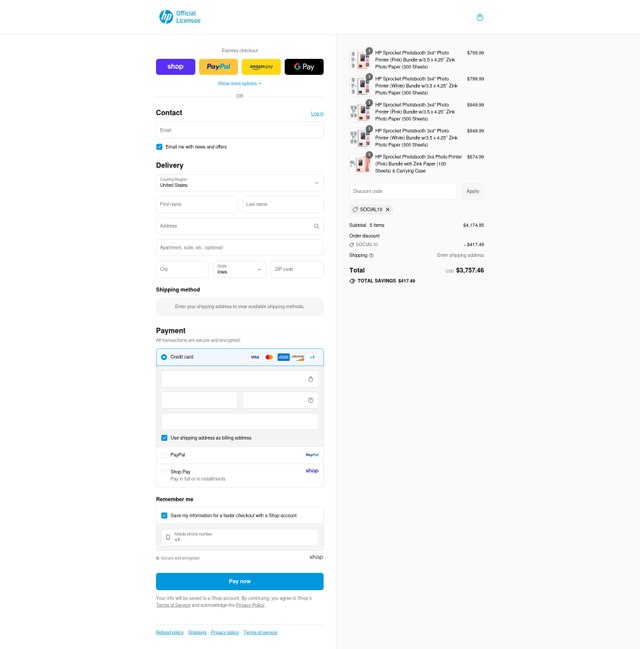 HP Sprocket checkout page showing HP Sprocket promo code box | Screenshot taken by SimplyCodes community member on Sep 3, 2025