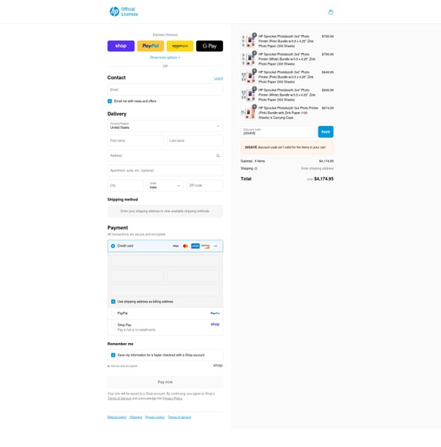 HP Sprocket checkout page showing HP Sprocket promo code box | Screenshot taken by SimplyCodes community member on Sep 2, 2025