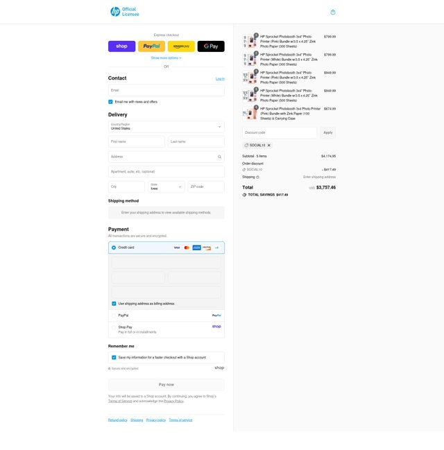 HP Sprocket checkout page showing HP Sprocket promo code box | Screenshot taken by SimplyCodes community member on Aug 29, 2025
