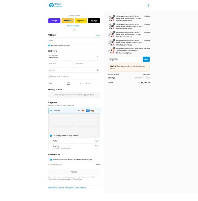 HP Sprocket checkout page showing HP Sprocket promo code box | Screenshot taken by SimplyCodes community member on Aug 29, 2025
