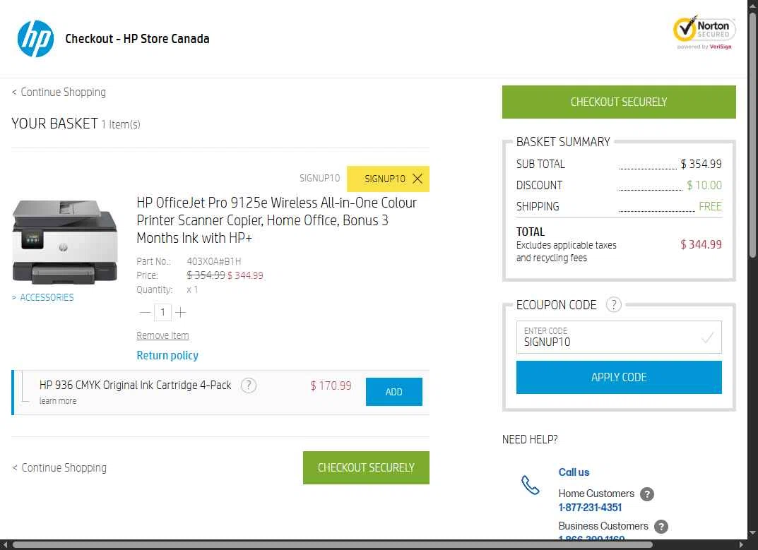 HP Store CA checkout page showing HP Store CA coupon code box | Screenshot taken by SimplyCodes community member on May 5, 2025