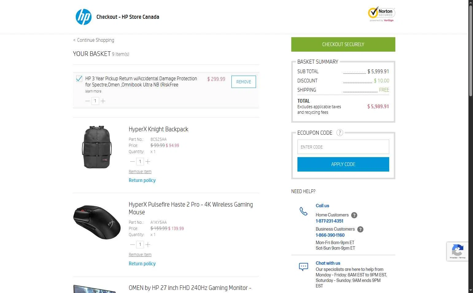HP Store CA checkout page showing HP Store CA coupon code box | Screenshot taken by SimplyCodes community member on May 23, 2025