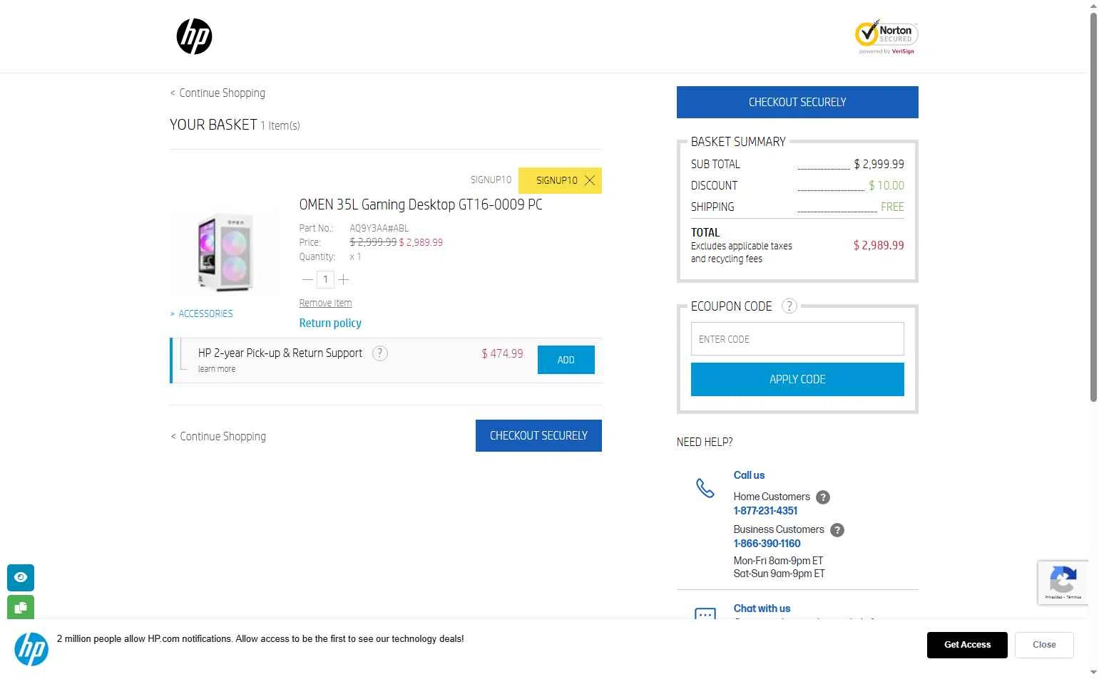 HP Store CA checkout page showing HP Store CA coupon code box | Screenshot taken by SimplyCodes community member on May 23, 2025