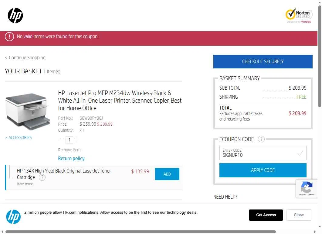 HP Store CA checkout page showing HP Store CA coupon code box | Screenshot taken by SimplyCodes community member on May 23, 2025