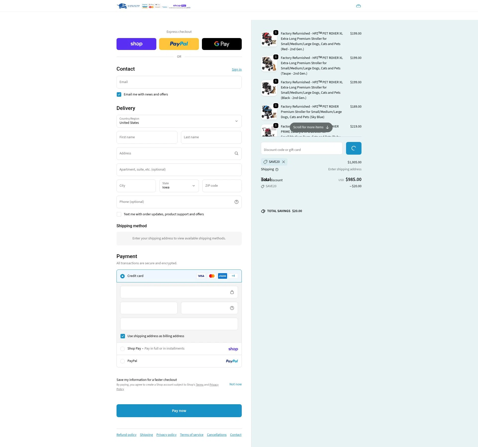 HPZ Pet Rover checkout page showing HPZ Pet Rover coupon code box | Screenshot taken by SimplyCodes community member on Feb 26, 2026
