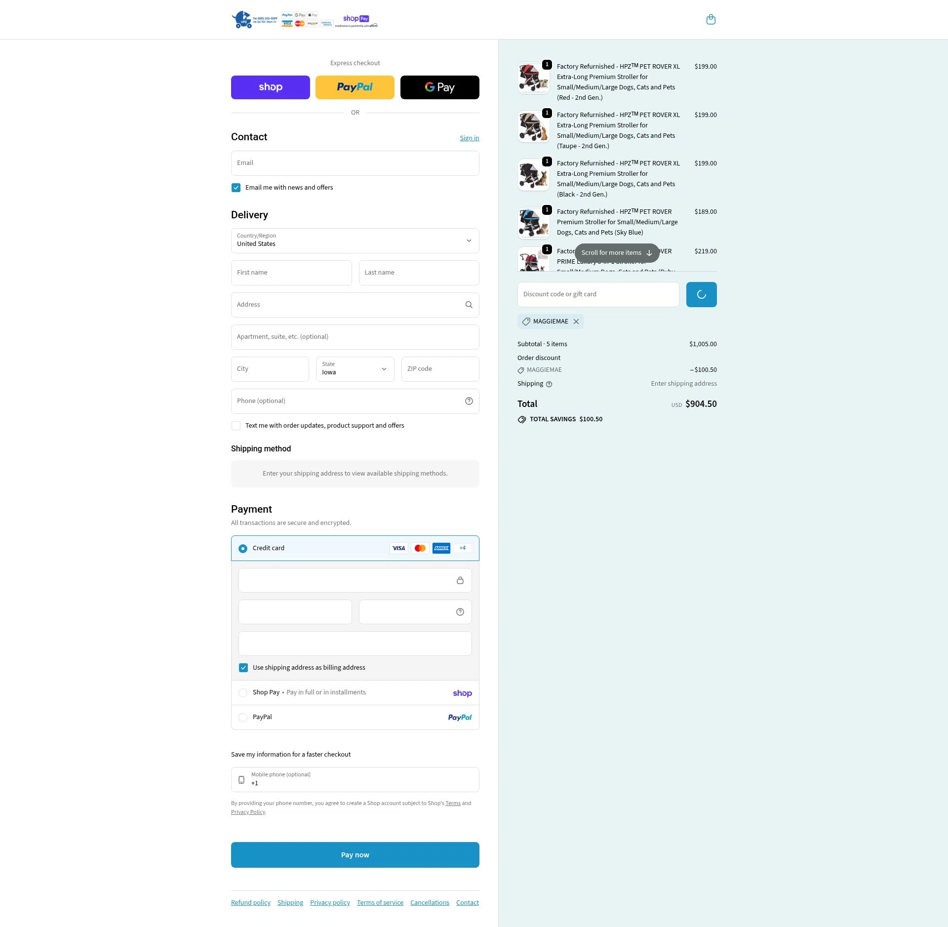 HPZ Pet Rover checkout page showing HPZ Pet Rover coupon code box | Screenshot taken by SimplyCodes community member on Feb 22, 2026