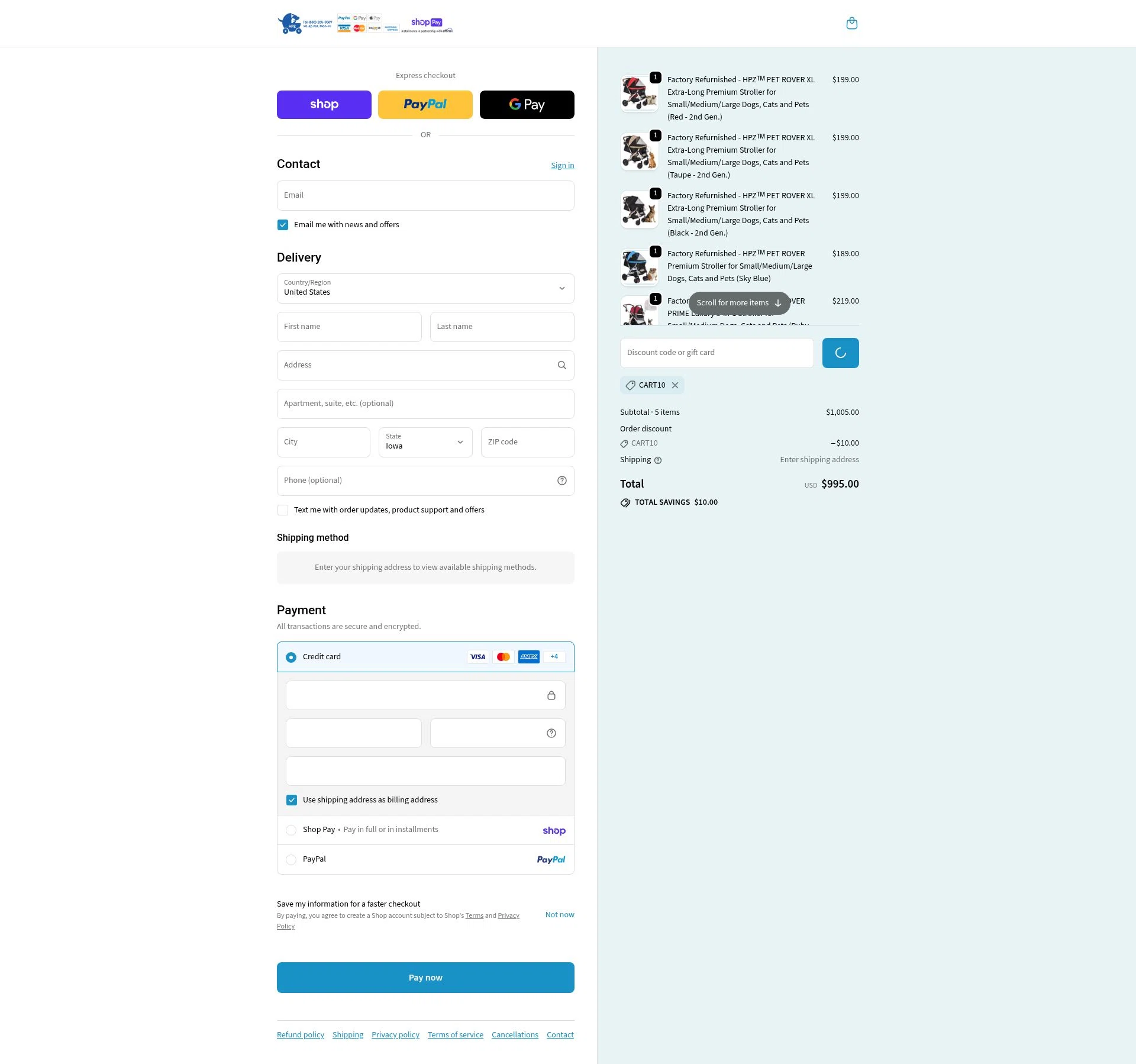 HPZ Pet Rover checkout page showing HPZ Pet Rover coupon code box | Screenshot taken by SimplyCodes community member on Feb 26, 2026