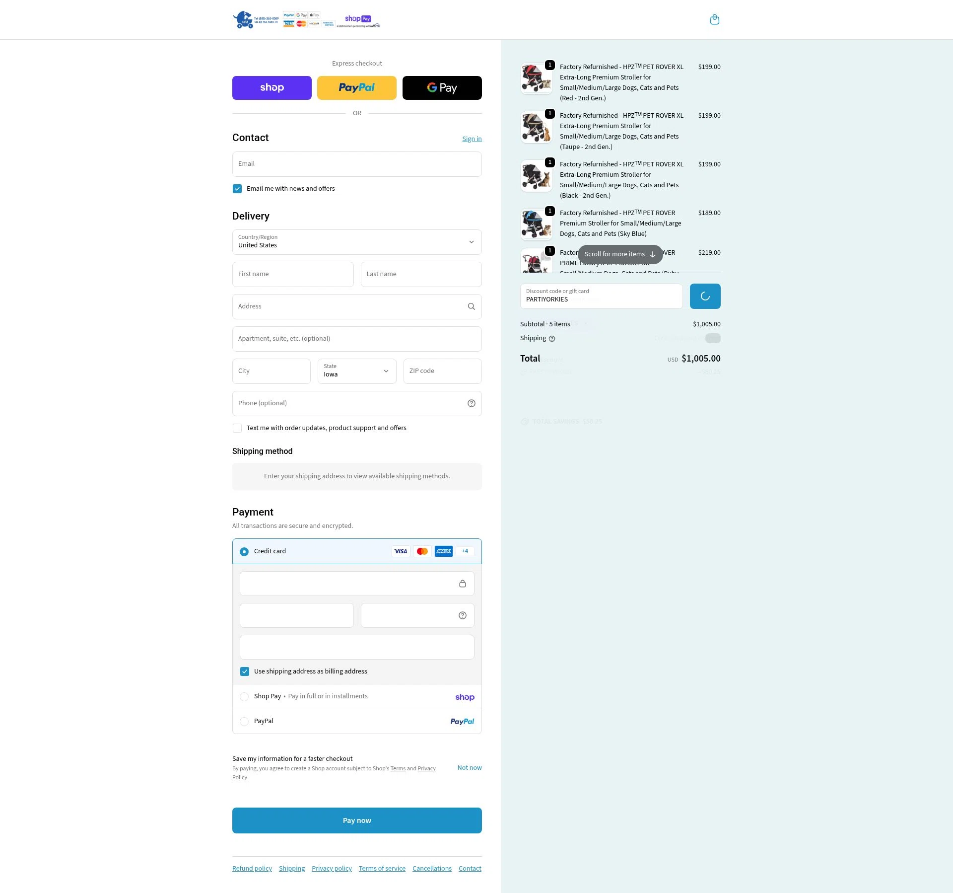 HPZ Pet Rover checkout page showing HPZ Pet Rover coupon code box | Screenshot taken by SimplyCodes community member on Feb 26, 2026