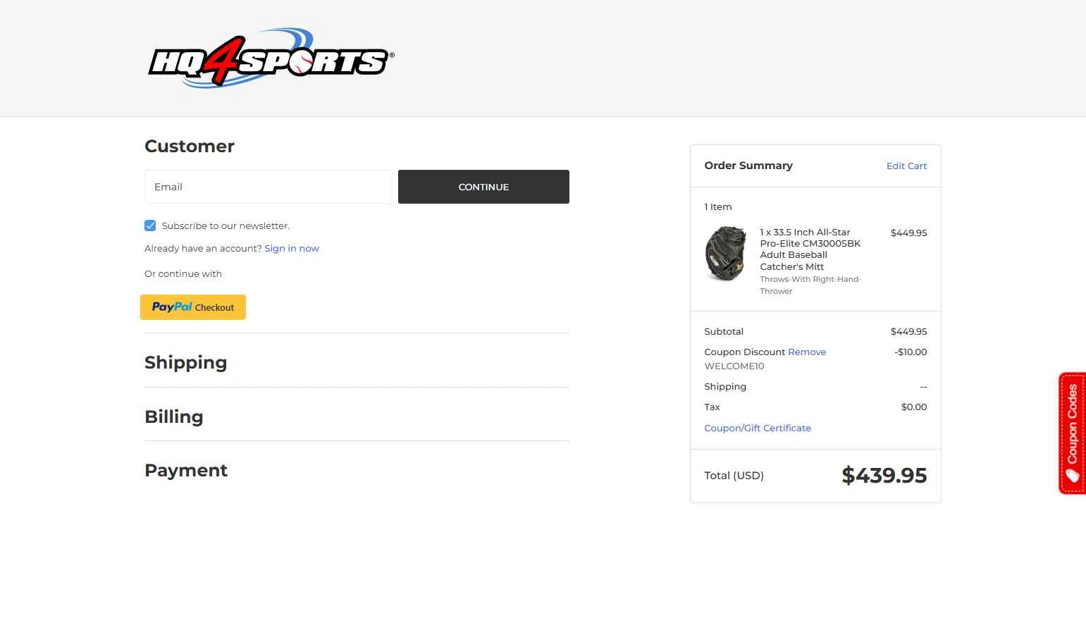 HQ4Sports.com checkout page showing HQ4Sports.com coupon code box | Screenshot taken by SimplyCodes community member on Sep 29, 2025