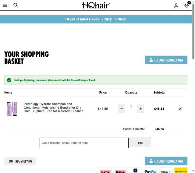 HQhair checkout page showing HQhair discount code box | Screenshot taken by SimplyCodes community member on Jul 17, 2025