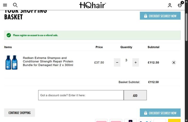 HQhair checkout page showing HQhair discount code box | Screenshot taken by SimplyCodes community member on Aug 29, 2025