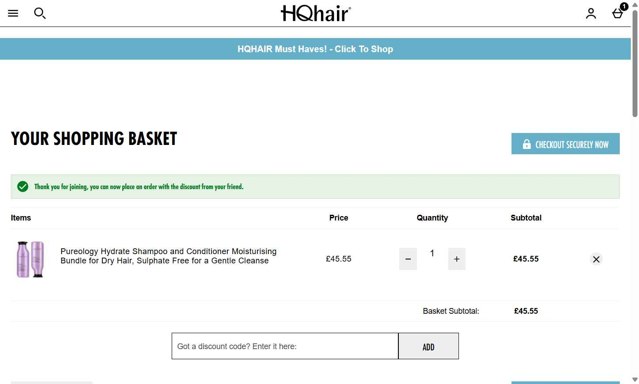 HQhair checkout page showing HQhair discount code box | Screenshot taken by SimplyCodes community member on Aug 29, 2025