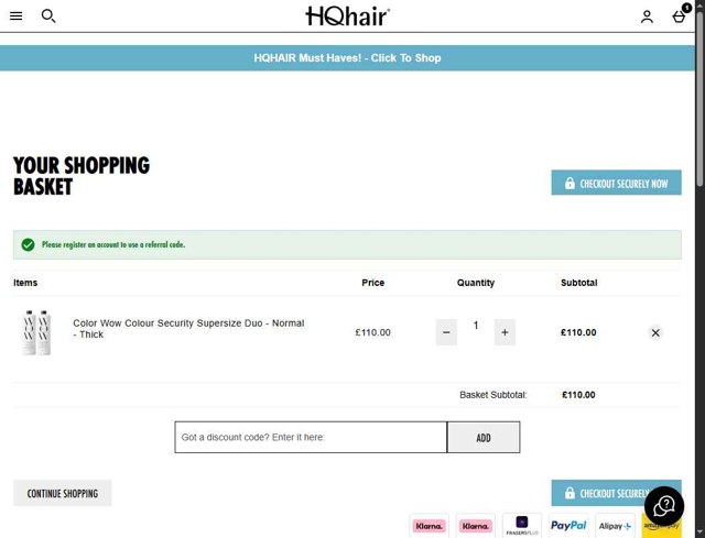 HQhair checkout page showing HQhair discount code box | Screenshot taken by SimplyCodes community member on Jul 17, 2025