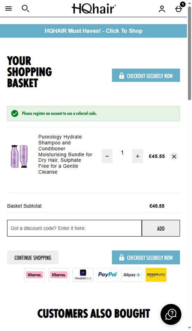 HQhair checkout page showing HQhair discount code box | Screenshot taken by SimplyCodes community member on Jul 17, 2025