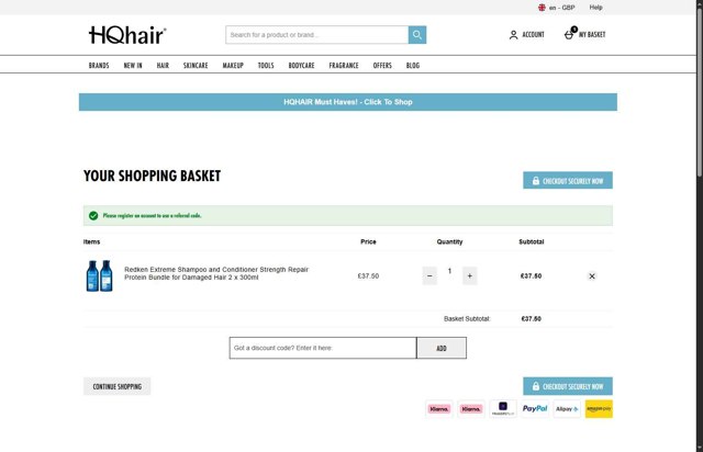 HQhair checkout page showing HQhair discount code box | Screenshot taken by SimplyCodes community member on Aug 16, 2025