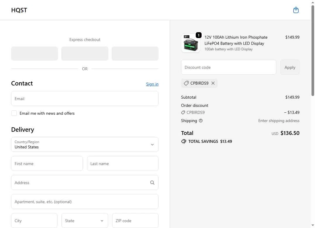 HQST Solar Power checkout page showing HQST Solar Power promo code box | Screenshot taken by SimplyCodes community member on Dec 26, 2025