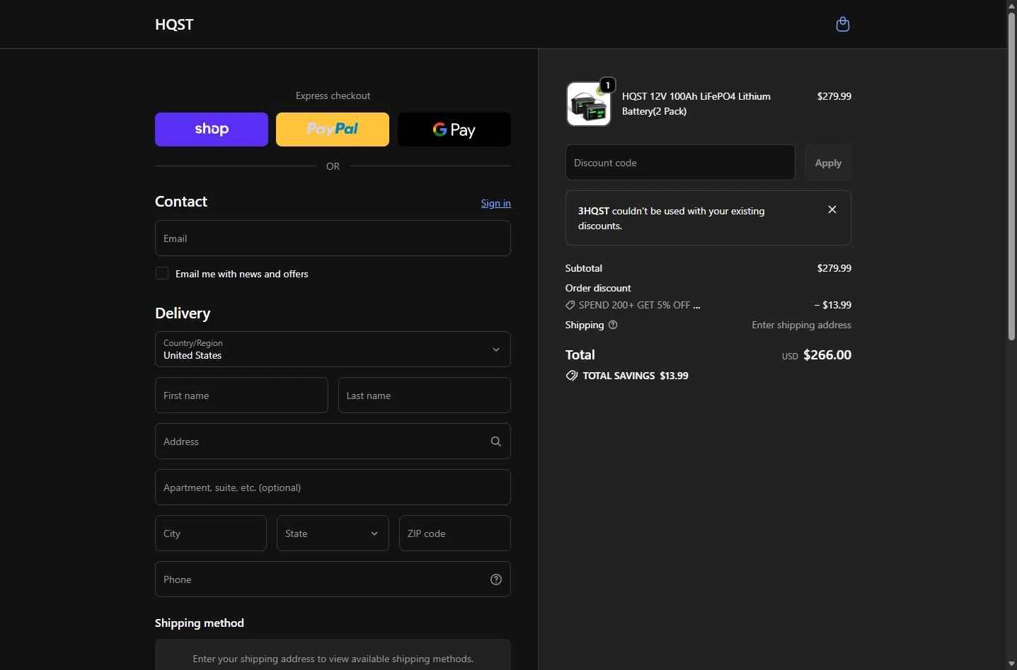 HQST Solar Power checkout page showing HQST Solar Power promo code box | Screenshot taken by SimplyCodes community member on Jan 1, 2026