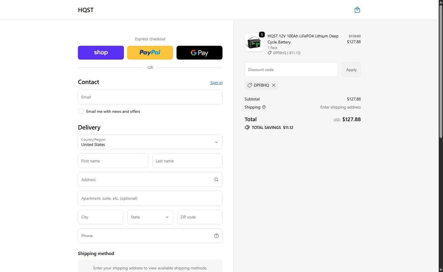 HQST Solar Power checkout page showing HQST Solar Power promo code box | Screenshot taken by SimplyCodes community member on Dec 25, 2025