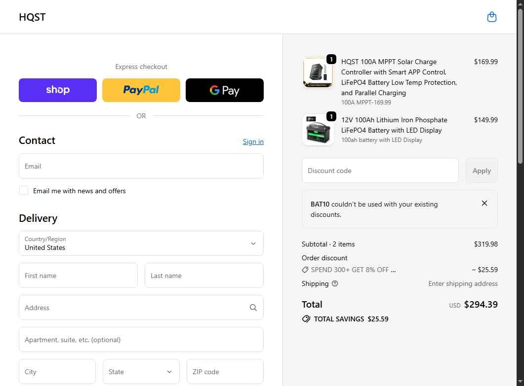 HQST Solar Power checkout page showing HQST Solar Power promo code box | Screenshot taken by SimplyCodes community member on Jan 1, 2026