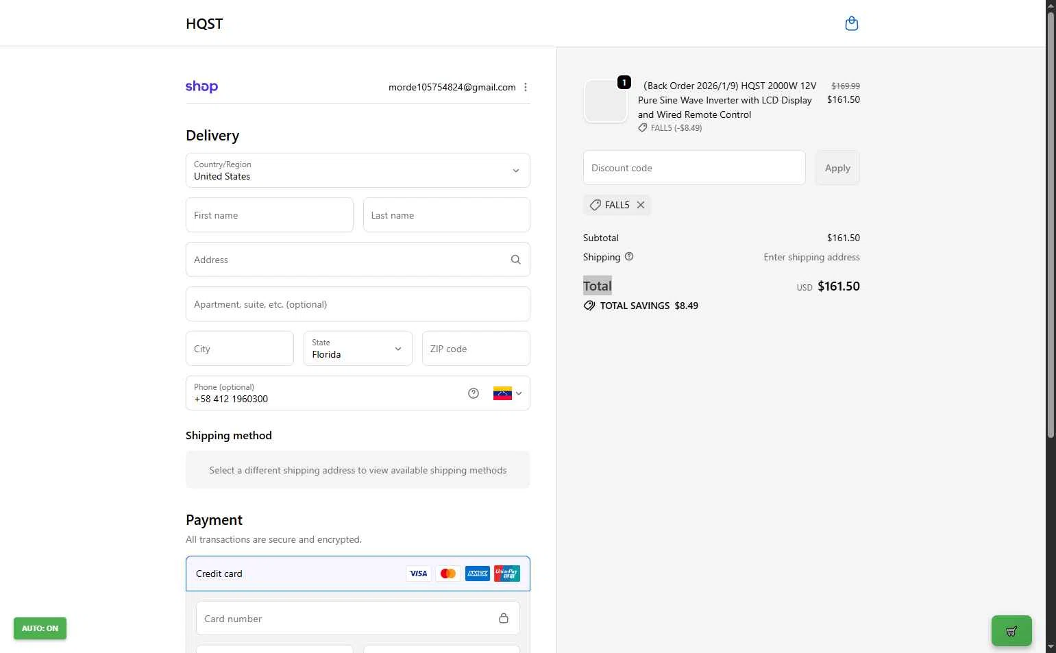 HQST Solar Power checkout page showing HQST Solar Power promo code box | Screenshot taken by SimplyCodes community member on Dec 31, 2025