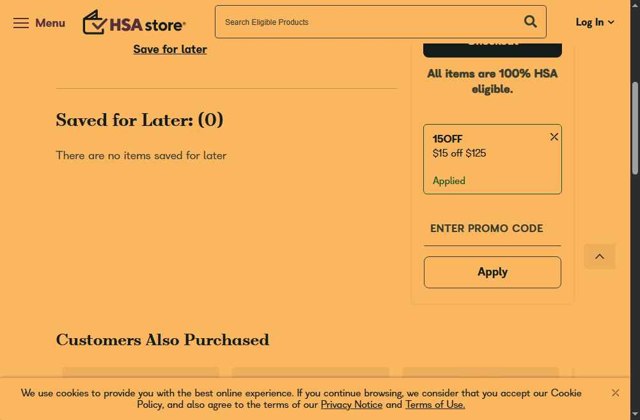 HSAstore.com checkout page showing HSAstore.com promo code box | Screenshot taken by SimplyCodes community member on Aug 8, 2025