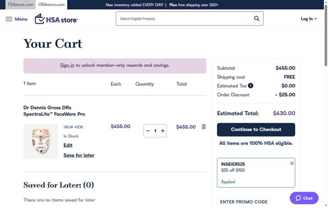HSAstore.com checkout page showing HSAstore.com promo code box | Screenshot taken by SimplyCodes community member on Aug 6, 2025