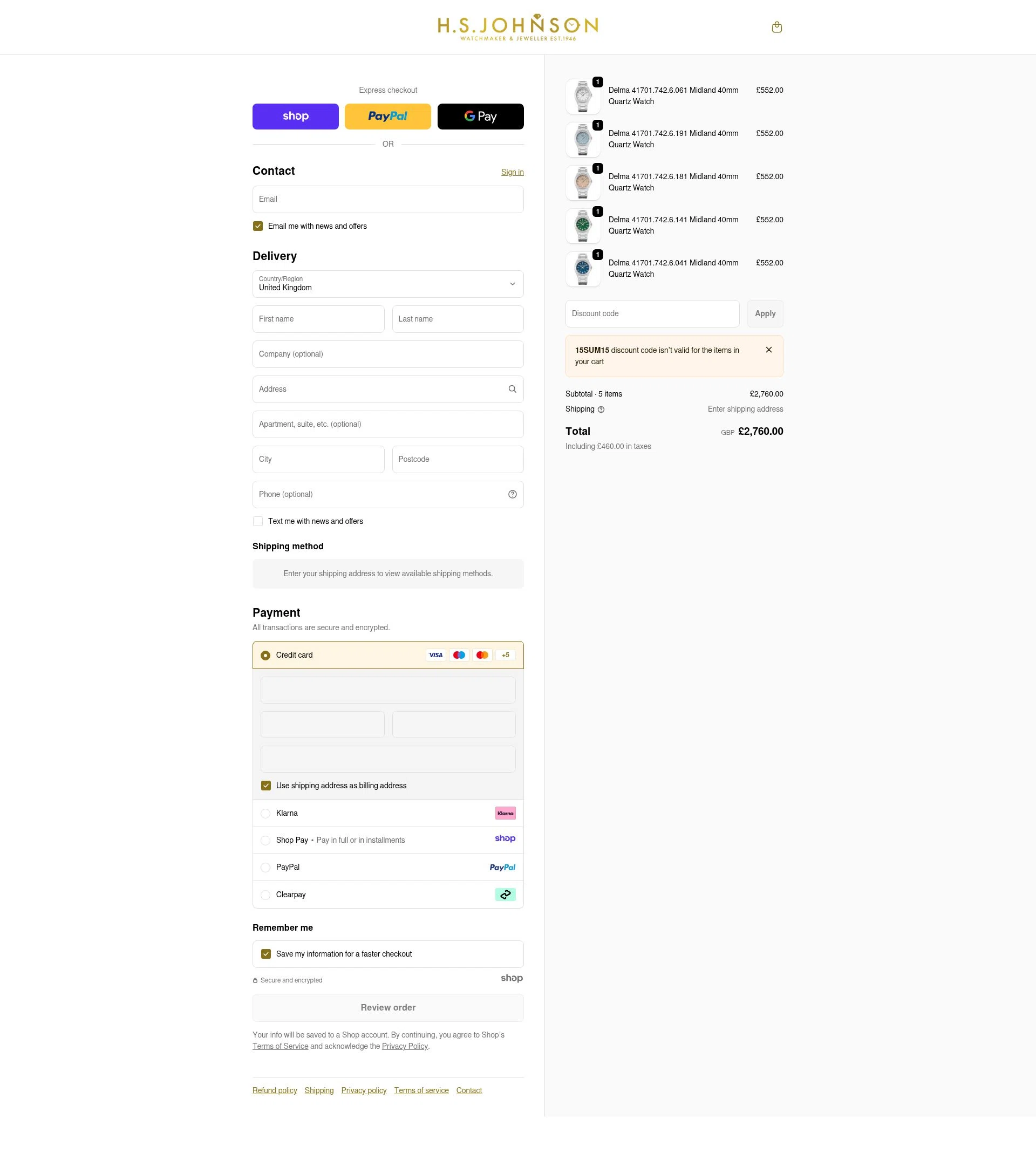 H.S. Johnson checkout page showing H.S. Johnson discount code box | Screenshot taken by SimplyCodes community member on Dec 31, 2025