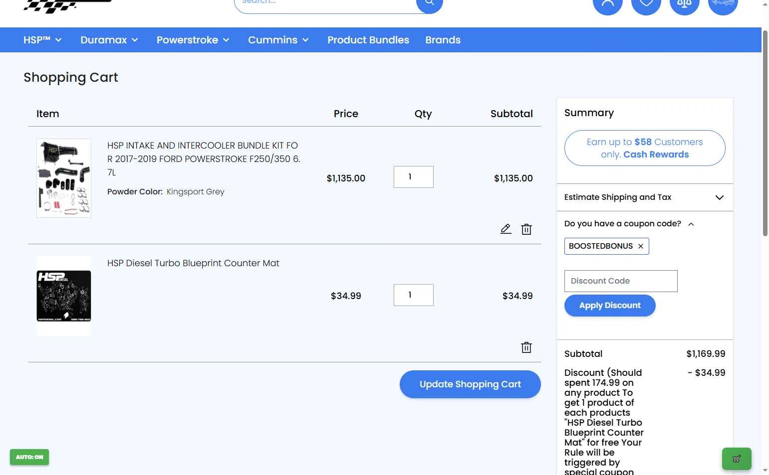 HSP Diesel checkout page showing HSP Diesel discount code box | Screenshot taken by SimplyCodes community member on Sep 10, 2025