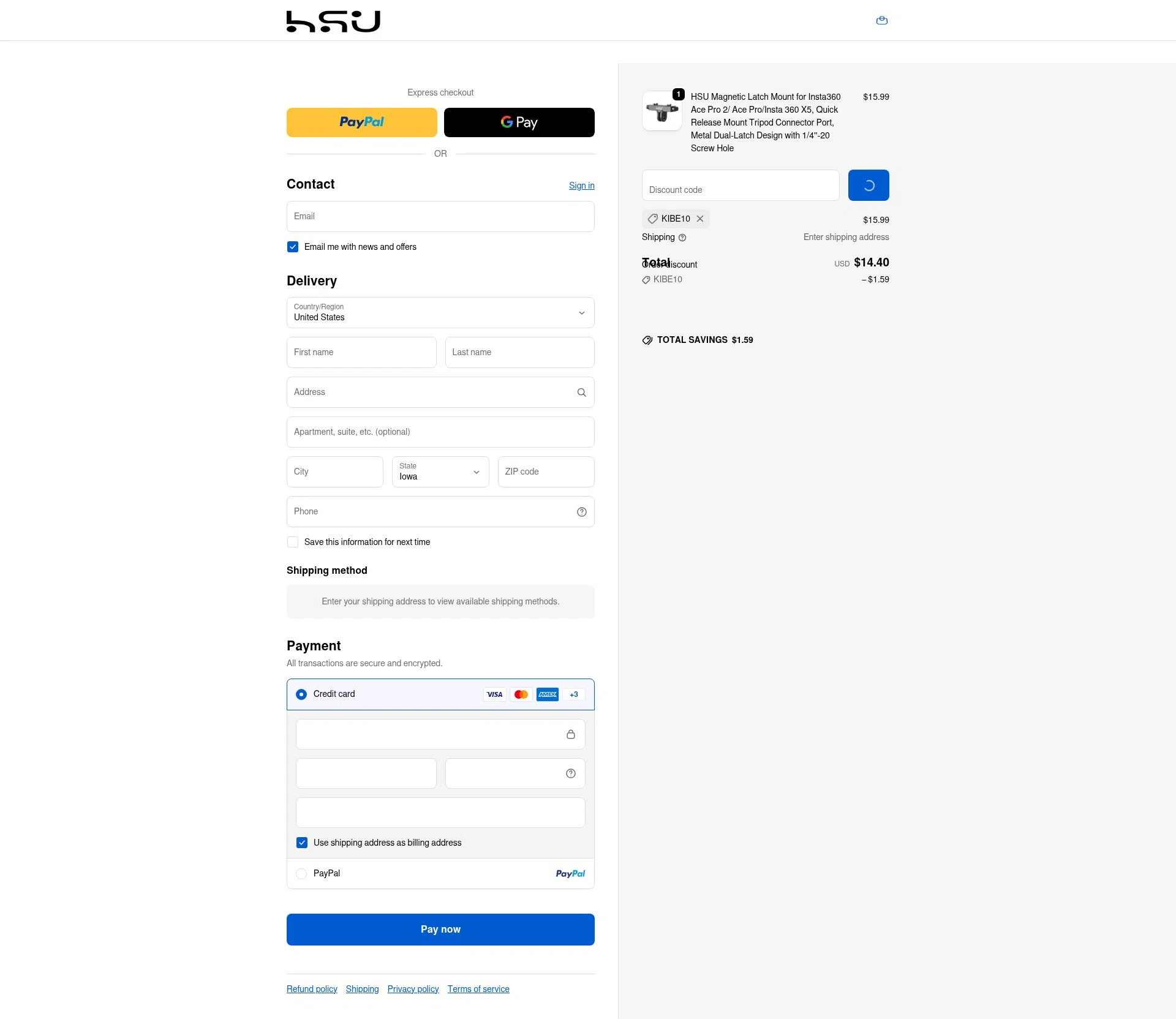 HSUSHOP checkout page showing HSUSHOP promo code box | Screenshot taken by SimplyCodes community member on Feb 11, 2026