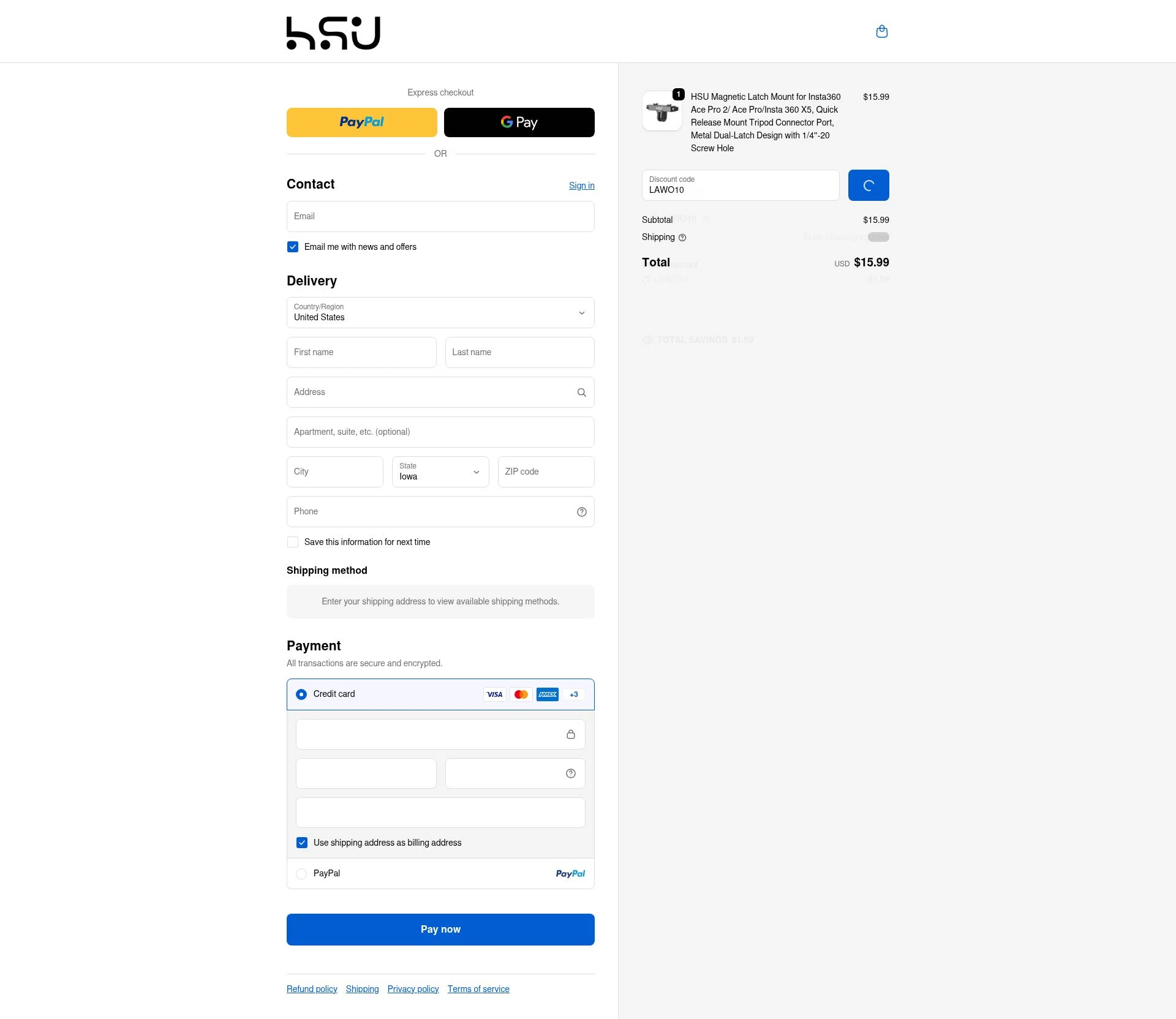 HSUSHOP checkout page showing HSUSHOP promo code box | Screenshot taken by SimplyCodes community member on Feb 11, 2026