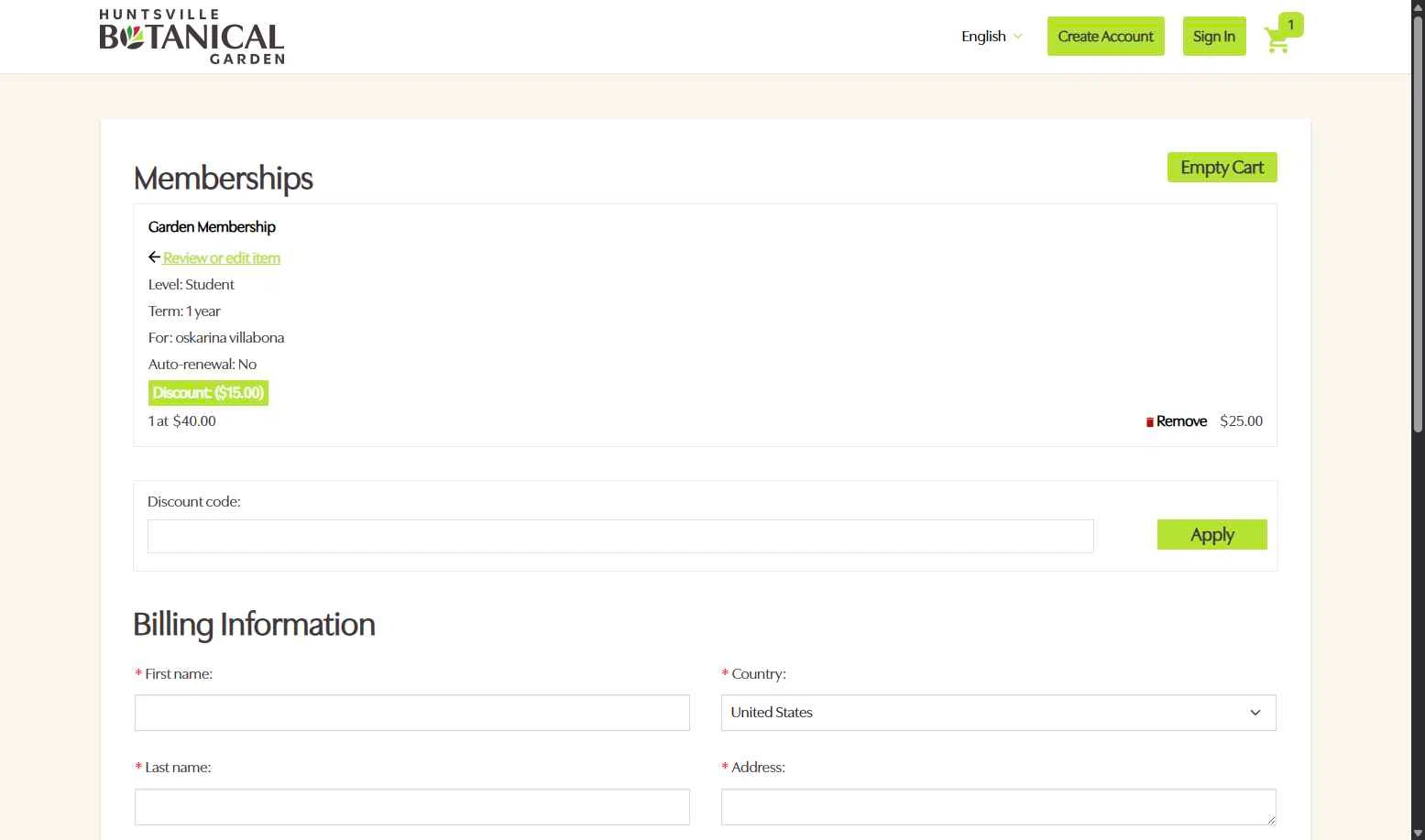 Huntsville Botanical Garden checkout page showing Huntsville Botanical Garden discount code box | Screenshot taken by SimplyCodes community member on Nov 26, 2025