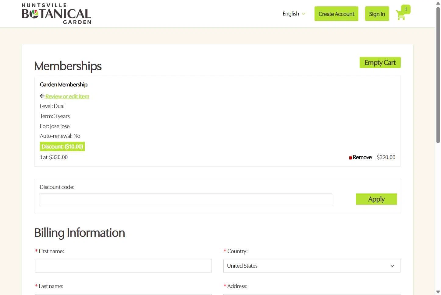 Huntsville Botanical Garden checkout page showing Huntsville Botanical Garden discount code box | Screenshot taken by SimplyCodes community member on May 8, 2025