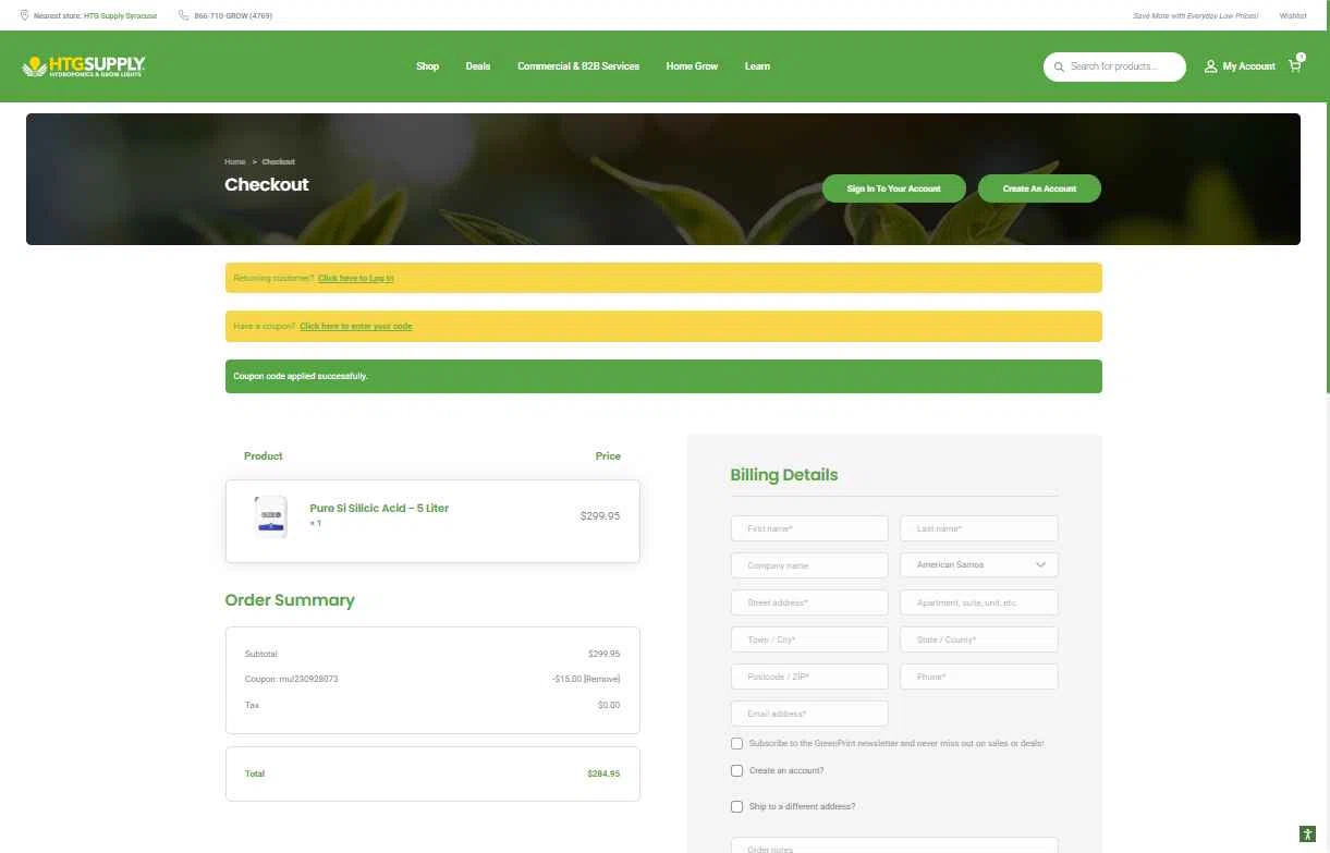 HTG Supply checkout page showing HTG Supply coupon code box | Screenshot taken by SimplyCodes community member on Dec 11, 2025