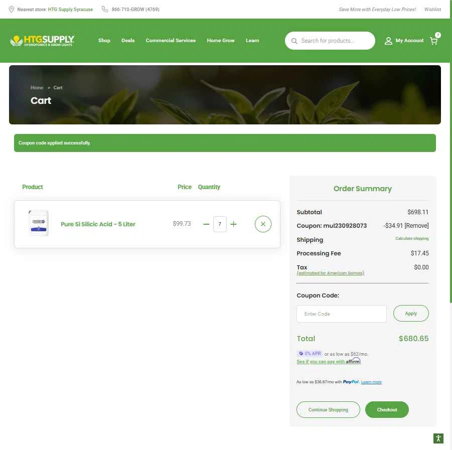 HTG Supply checkout page showing HTG Supply coupon code box | Screenshot taken by SimplyCodes community member on Nov 12, 2025