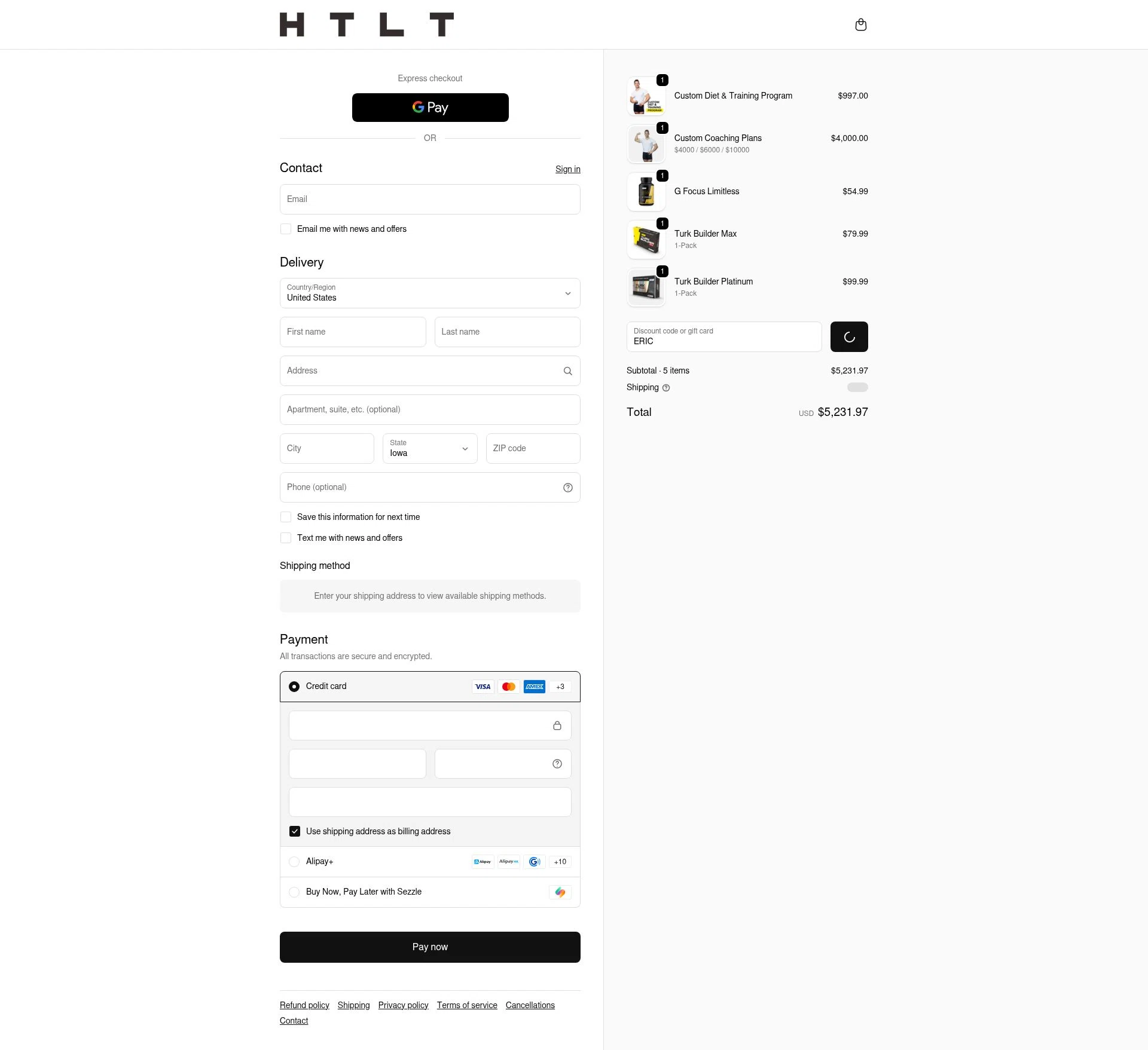 HTLT Supplements checkout page showing HTLT Supplements discount code box | Screenshot taken by SimplyCodes community member on Feb 9, 2026