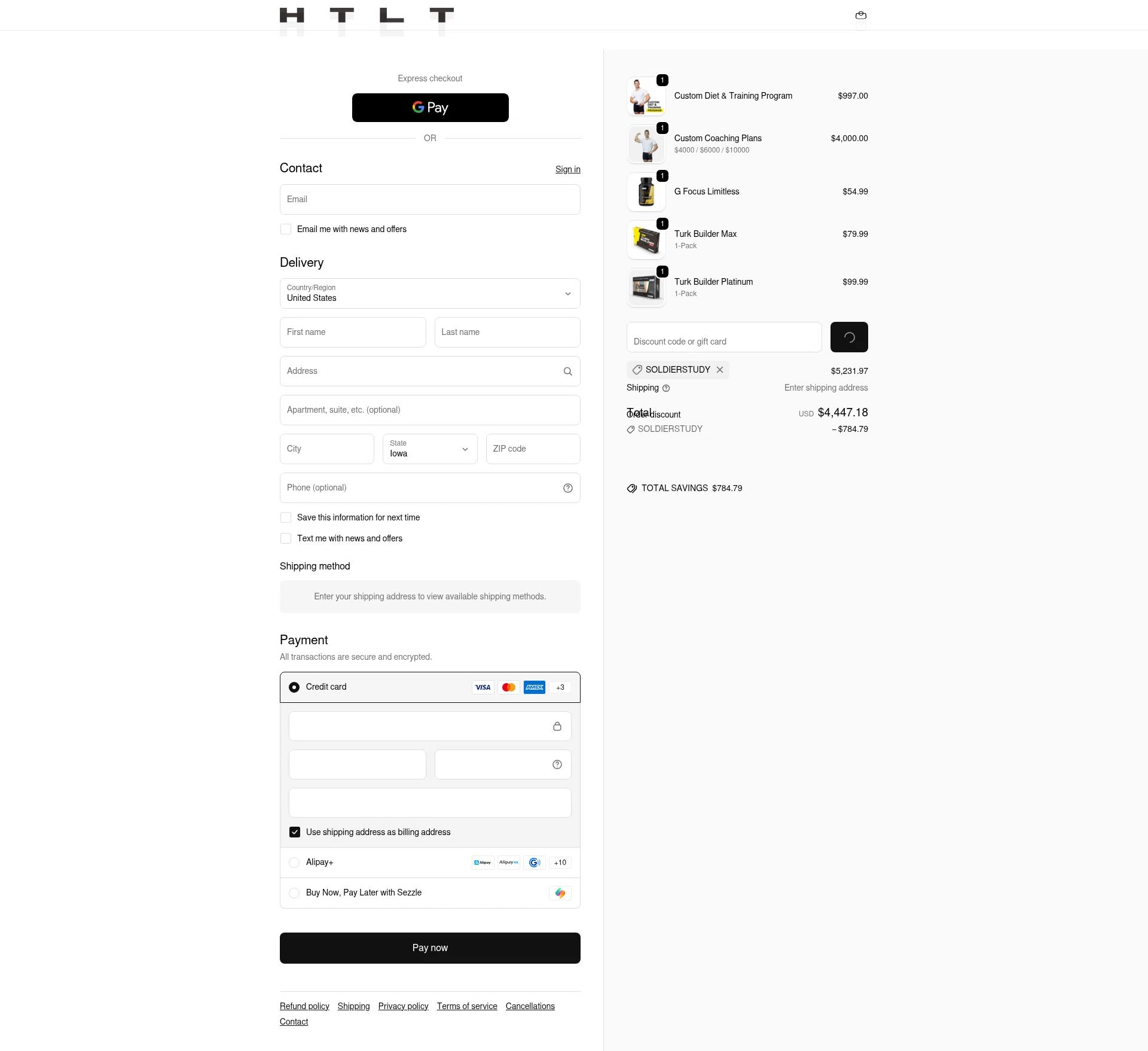 HTLT Supplements checkout page showing HTLT Supplements discount code box | Screenshot taken by SimplyCodes community member on Feb 9, 2026
