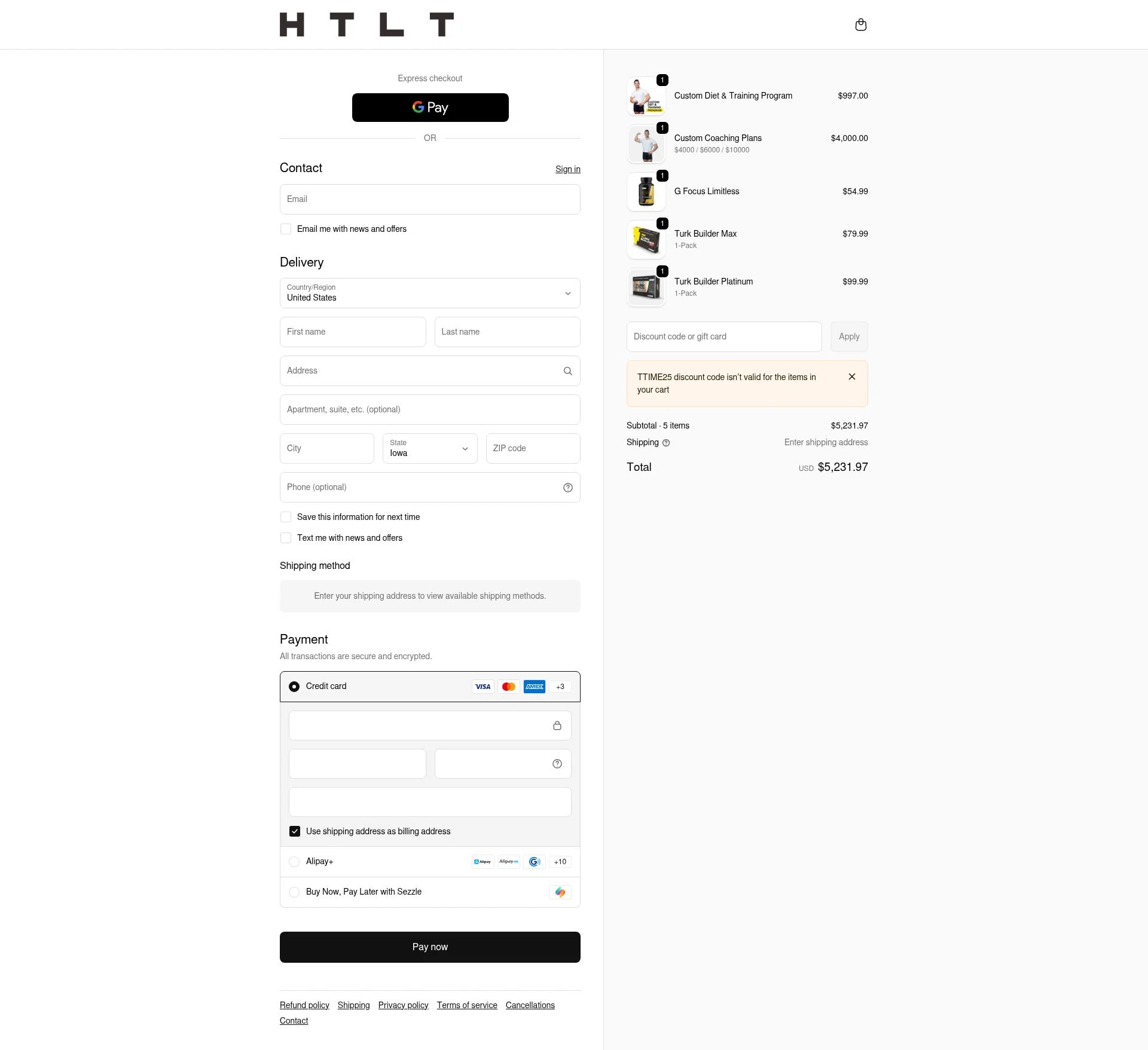 HTLT Supplements checkout page showing HTLT Supplements discount code box | Screenshot taken by SimplyCodes community member on Feb 9, 2026