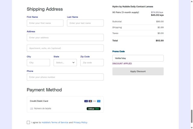 Hubble Contacts checkout page showing Hubble Contacts promo code box | Screenshot taken by SimplyCodes community member on Aug 5, 2025