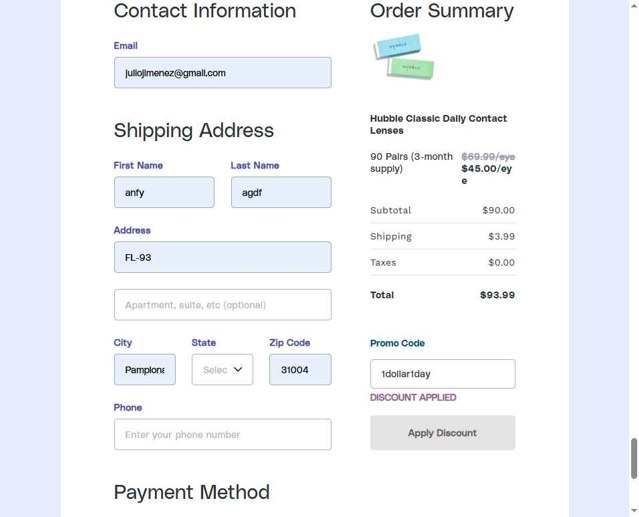 Hubble Contacts checkout page showing Hubble Contacts promo code box | Screenshot taken by SimplyCodes community member on Aug 25, 2025