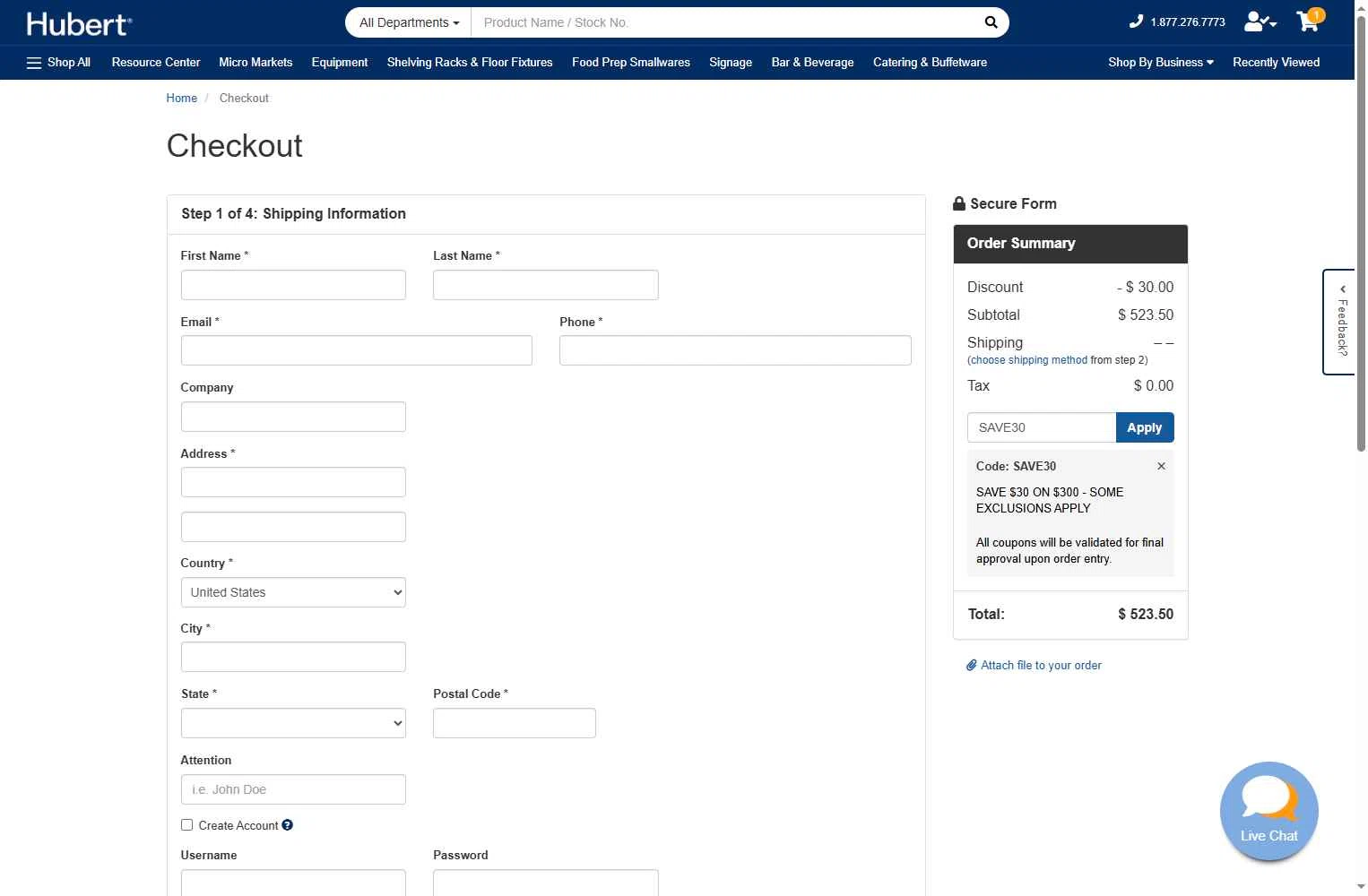 Hubert checkout page showing Hubert promo code box | Screenshot taken by SimplyCodes community member on Nov 24, 2025