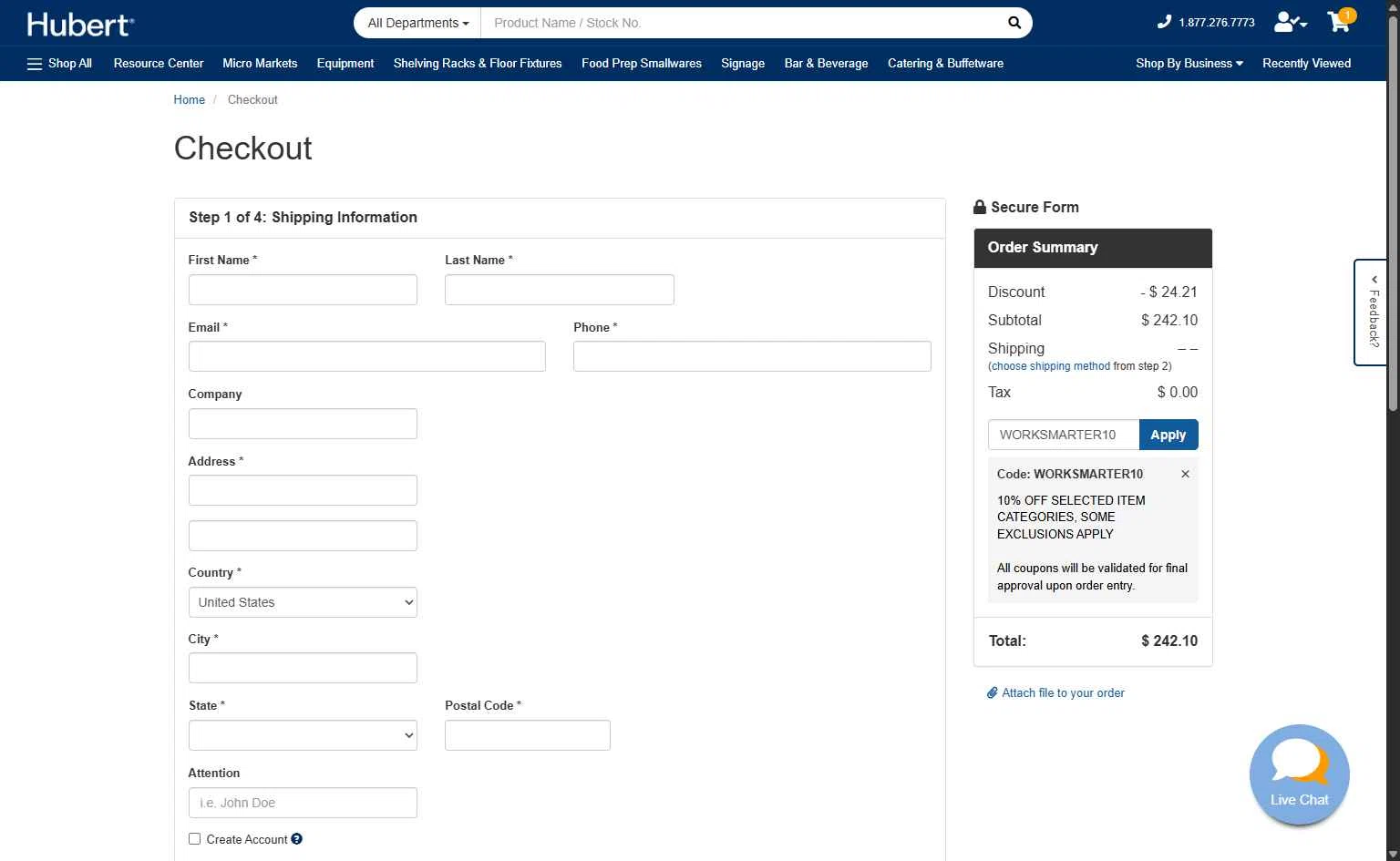 Hubert checkout page showing Hubert promo code box | Screenshot taken by SimplyCodes community member on Jan 6, 2026