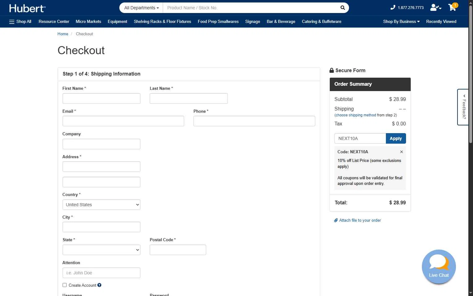 Hubert checkout page showing Hubert promo code box | Screenshot taken by SimplyCodes community member on Dec 17, 2025