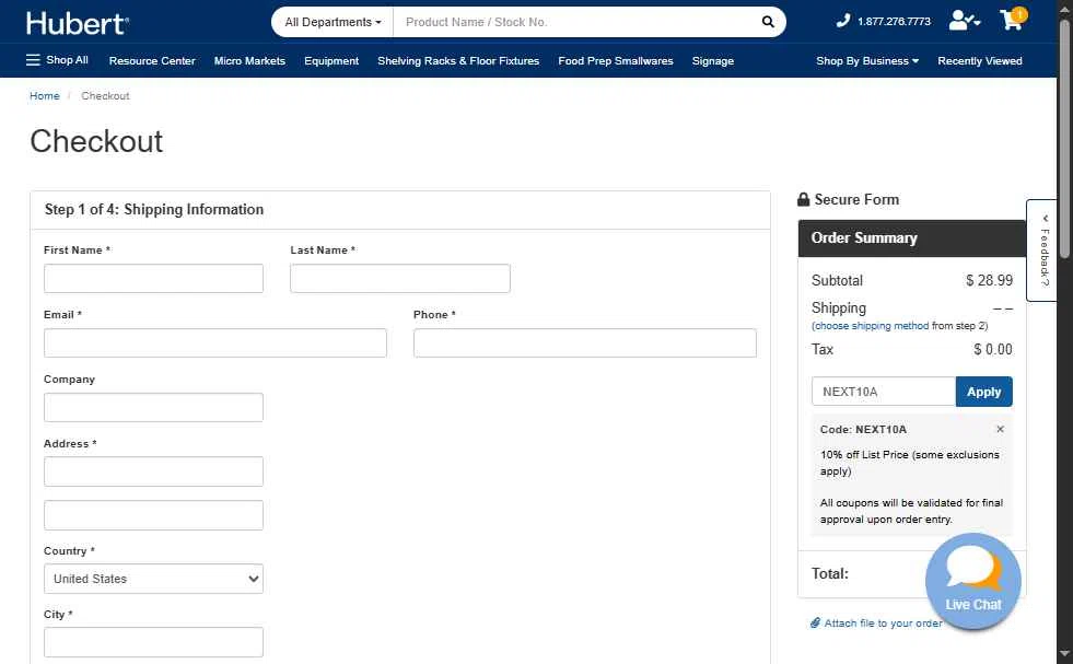 Hubert checkout page showing Hubert promo code box | Screenshot taken by SimplyCodes community member on Nov 18, 2025