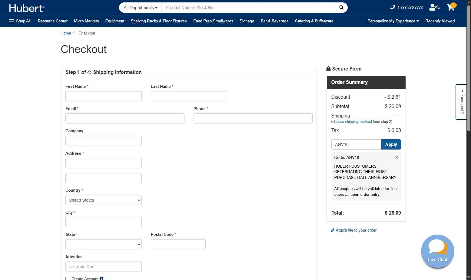 Hubert checkout page showing Hubert promo code box | Screenshot taken by SimplyCodes community member on Nov 18, 2025