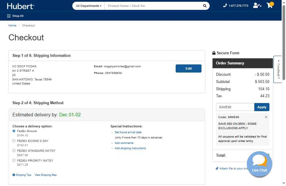Hubert checkout page showing Hubert promo code box | Screenshot taken by SimplyCodes community member on Nov 24, 2025
