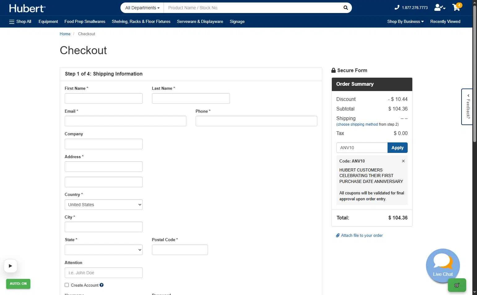Hubert checkout page showing Hubert promo code box | Screenshot taken by SimplyCodes community member on Jan 7, 2026