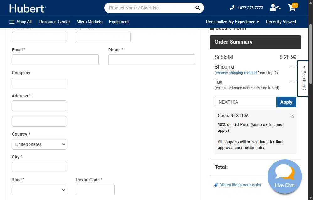 Hubert checkout page showing Hubert promo code box | Screenshot taken by SimplyCodes community member on Nov 18, 2025