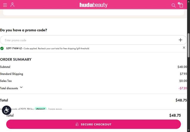 Huda Beauty checkout page showing Huda Beauty promo code box | Screenshot taken by SimplyCodes community member on May 2, 2025