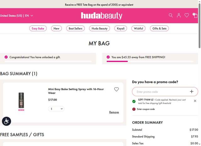 Huda Beauty checkout page showing Huda Beauty promo code box | Screenshot taken by SimplyCodes community member on May 2, 2025