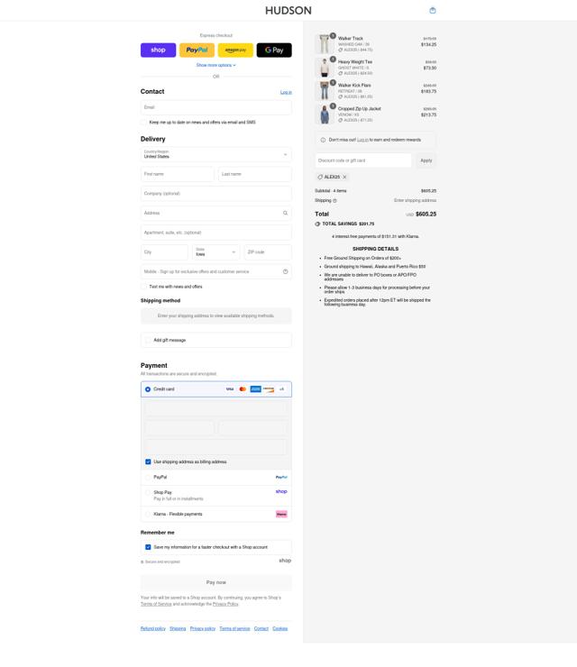 Hudson Jeans checkout page showing Hudson Jeans discount code box | Screenshot taken by SimplyCodes community member on Sep 8, 2025